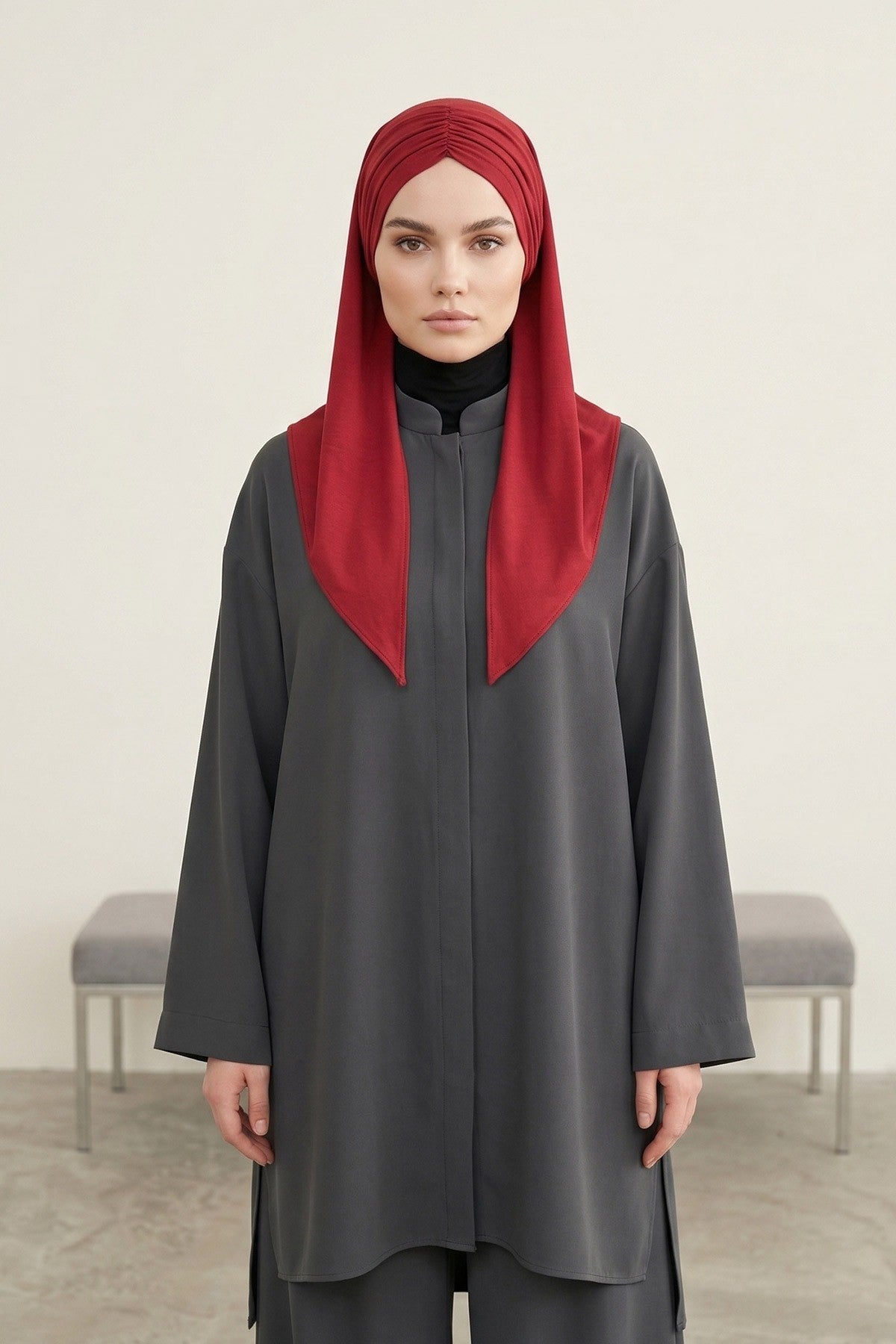 Pre-Styled Draped Jersey Hijab - Non-Slip, Breathable & Comfortable Ready-to-Wear Shawl,CPS-95 Maroon