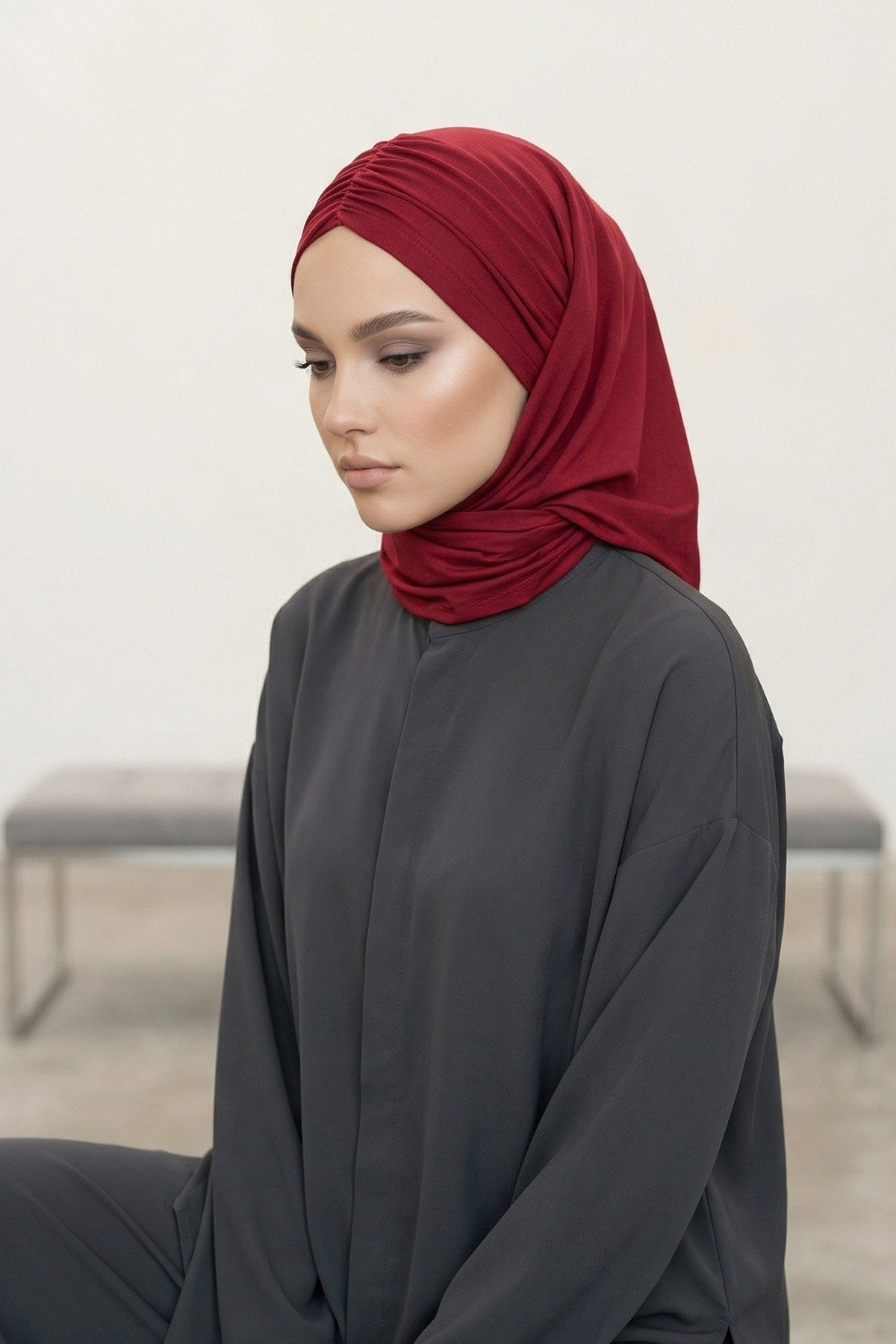 Pre-Styled Draped Jersey Hijab - Non-Slip, Breathable & Comfortable Ready-to-Wear Shawl,CPS-95 Maroon