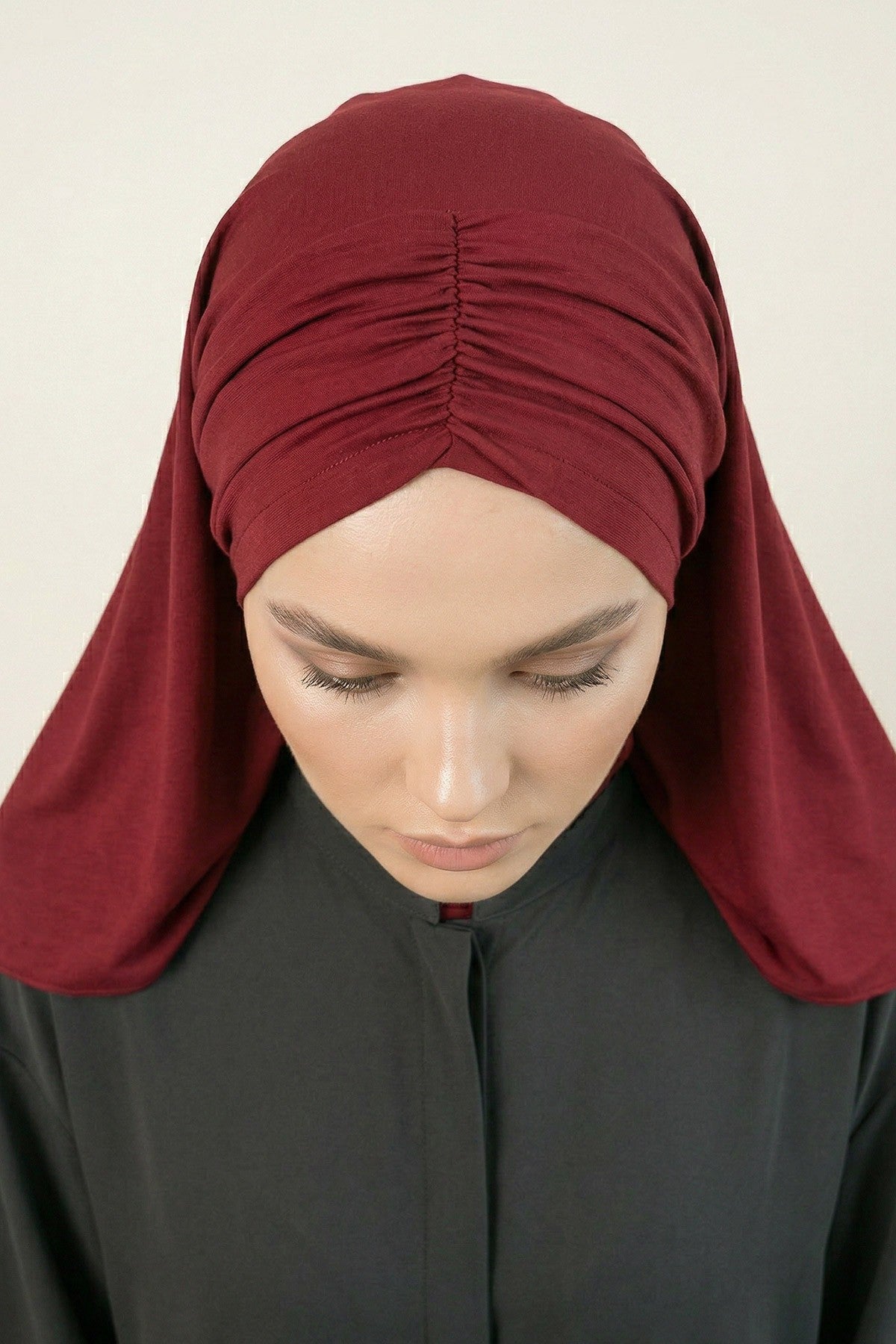 Pre-Styled Draped Jersey Hijab - Non-Slip, Breathable & Comfortable Ready-to-Wear Shawl,CPS-95 Maroon