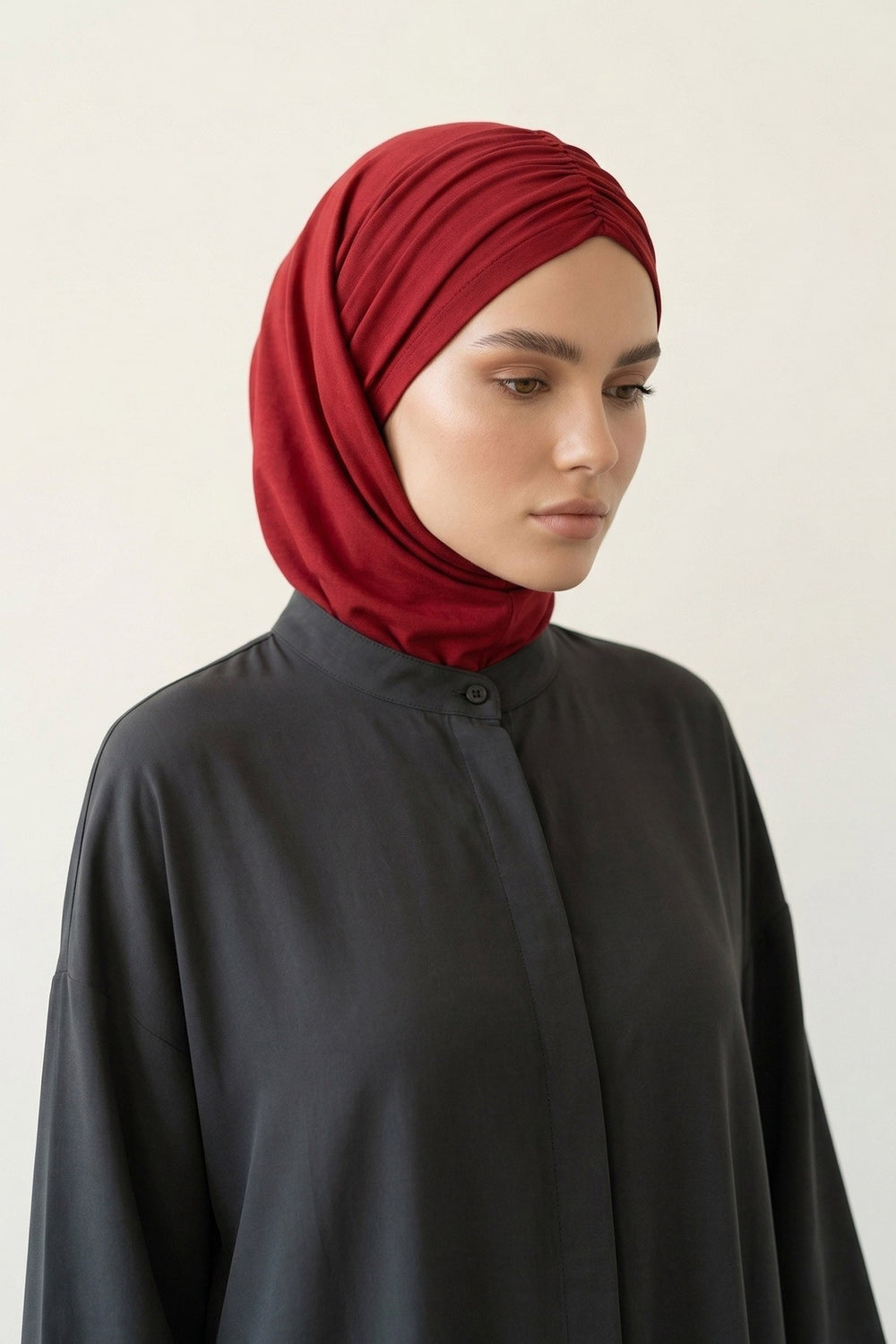 Pre-Styled Draped Jersey Hijab - Non-Slip, Breathable & Comfortable Ready-to-Wear Shawl,CPS-95 Maroon