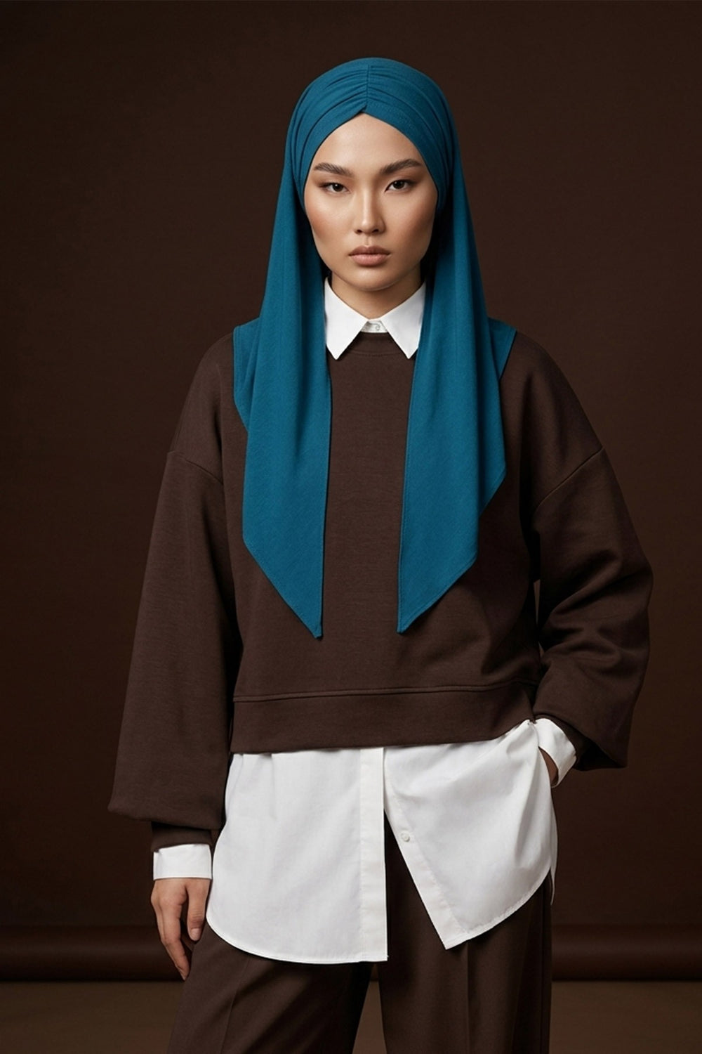 Pre-Styled Draped Jersey Hijab - Non-Slip, Breathable & Comfortable Ready-to-Wear Shawl,CPS-95 Petrol Blue