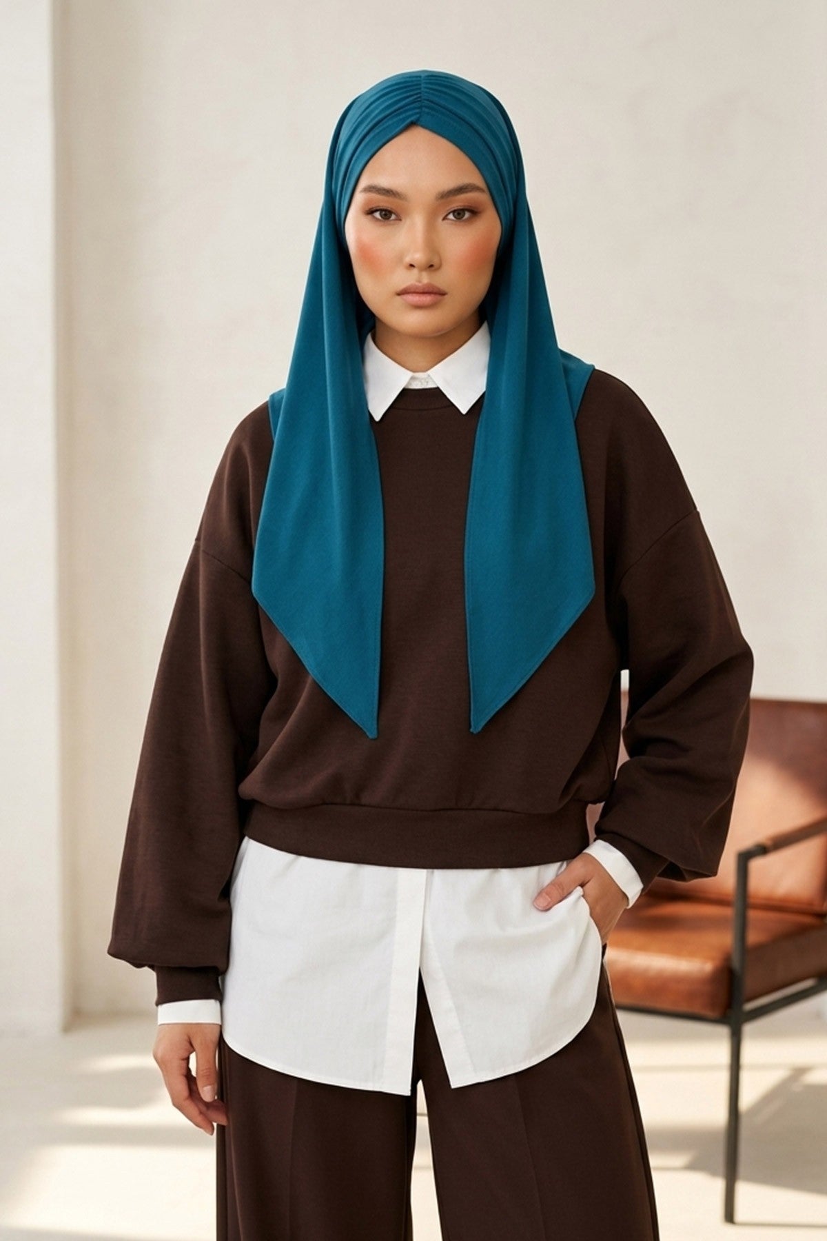Pre-Styled Draped Jersey Hijab - Non-Slip, Breathable & Comfortable Ready-to-Wear Shawl,CPS-95 Petrol Blue