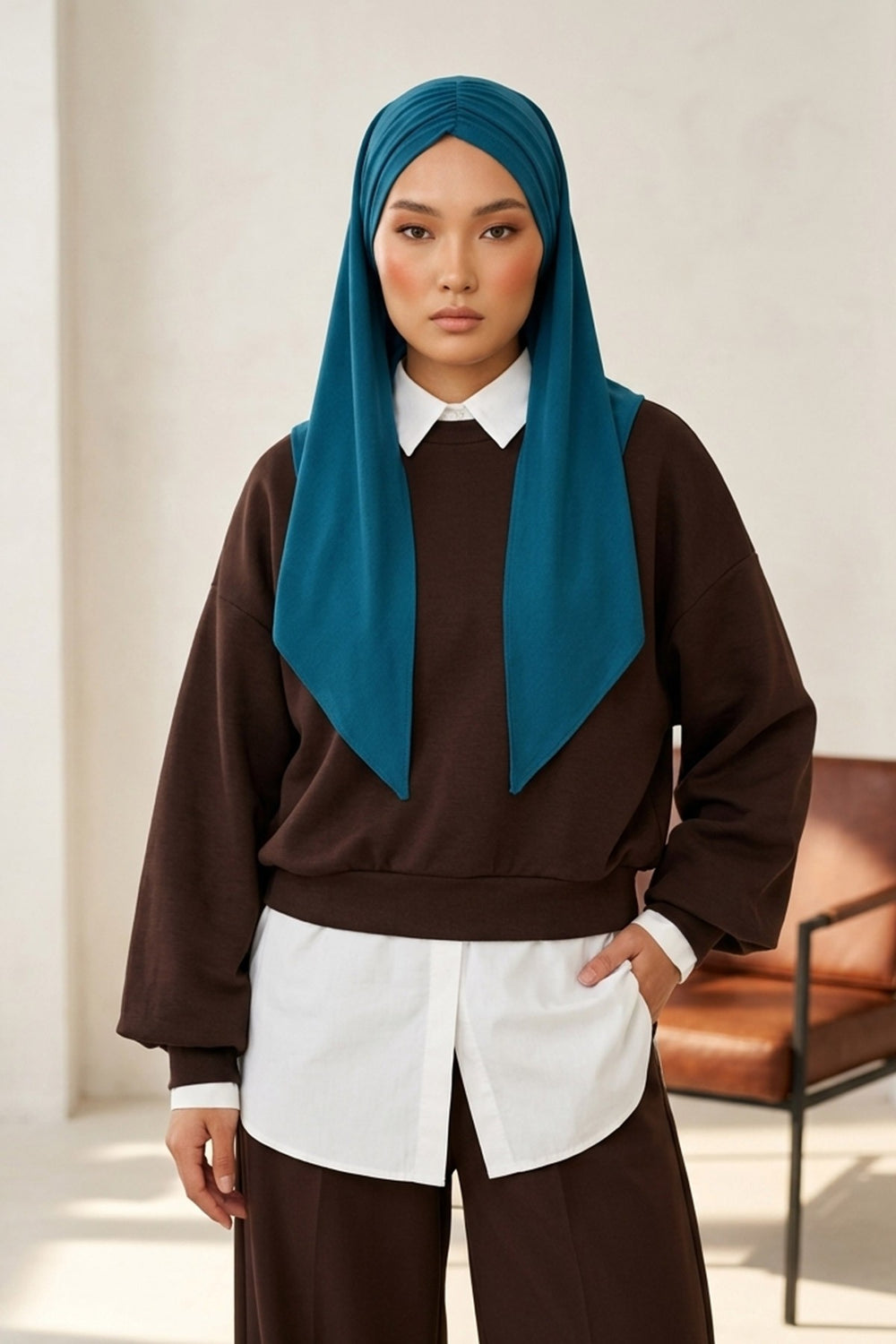 Pre-Styled Draped Jersey Hijab - Non-Slip, Breathable & Comfortable Ready-to-Wear Shawl,CPS-95 Petrol Blue
