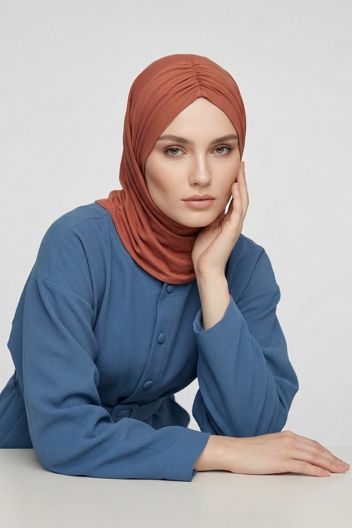 Pre-Styled Draped Jersey Hijab - Non-Slip, Breathable & Comfortable Ready-to-Wear Shawl,CPS-95 Cinnamon