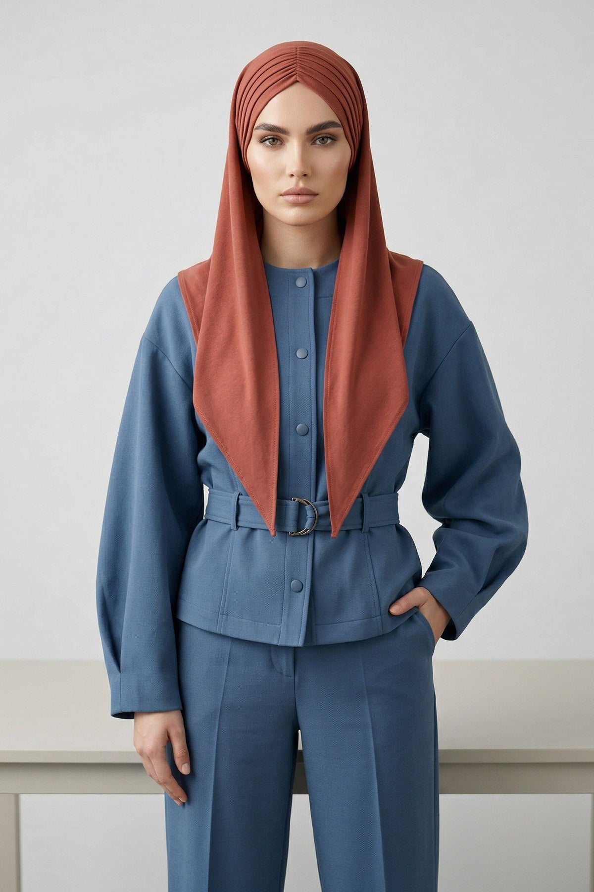 Pre-Styled Draped Jersey Hijab - Non-Slip, Breathable & Comfortable Ready-to-Wear Shawl,CPS-95 Cinnamon