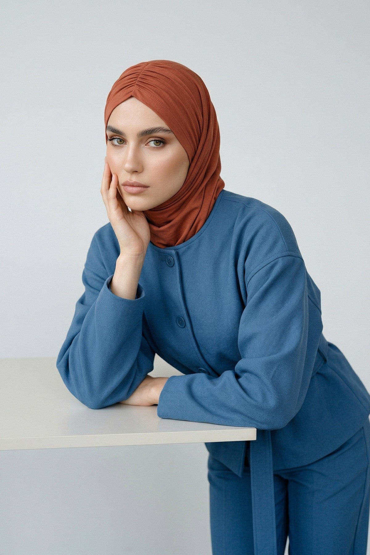 Pre-Styled Draped Jersey Hijab - Non-Slip, Breathable & Comfortable Ready-to-Wear Shawl,CPS-95 Cinnamon