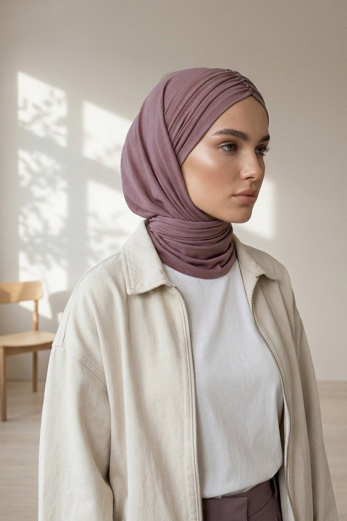 Pre-Styled Draped Jersey Hijab - Non-Slip, Breathable & Comfortable Ready-to-Wear Shawl,CPS-95 Dusty Rose