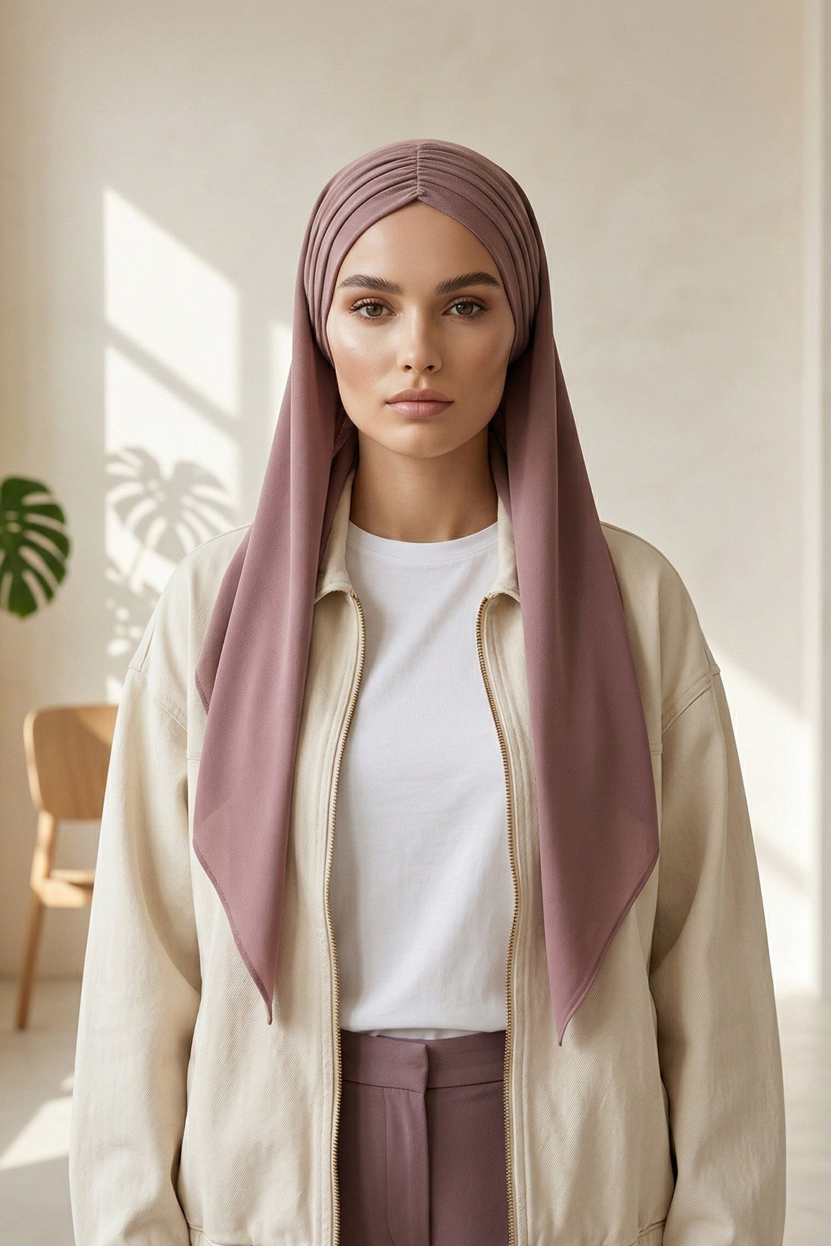 Pre-Styled Draped Jersey Hijab - Non-Slip, Breathable & Comfortable Ready-to-Wear Shawl,CPS-95 Dusty Rose
