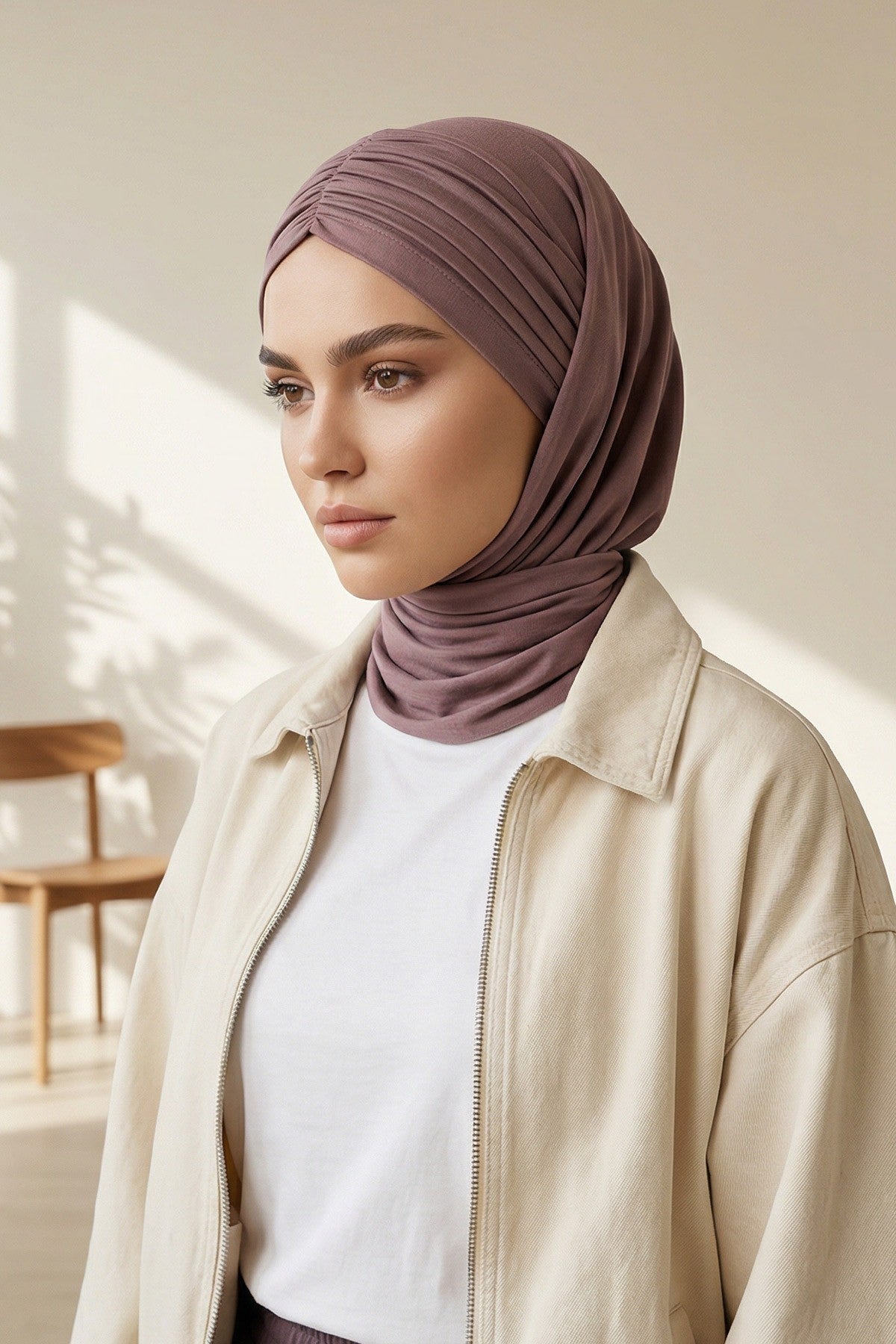 Pre-Styled Draped Jersey Hijab - Non-Slip, Breathable & Comfortable Ready-to-Wear Shawl,CPS-95 Dusty Rose