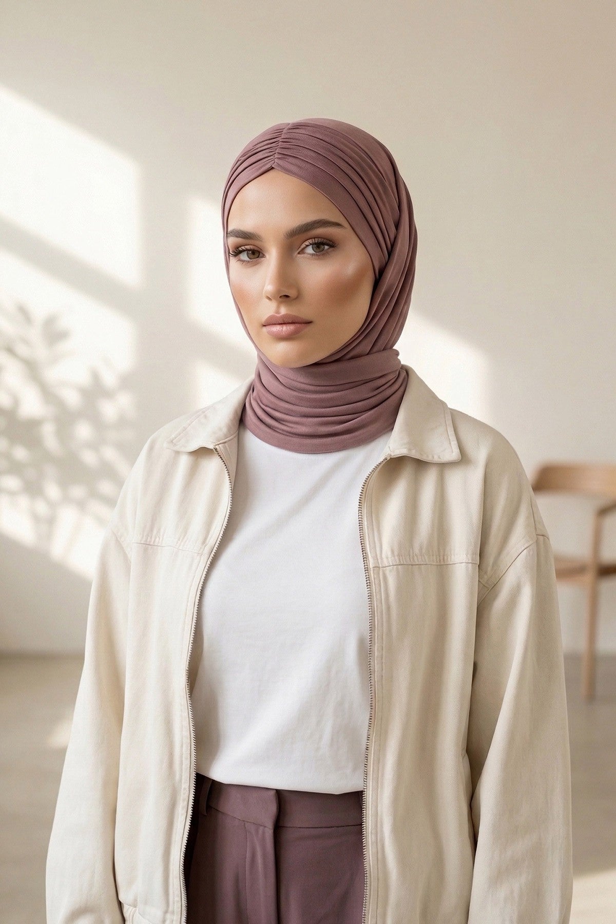 Pre-Styled Draped Jersey Hijab - Non-Slip, Breathable & Comfortable Ready-to-Wear Shawl,CPS-95 Dusty Rose