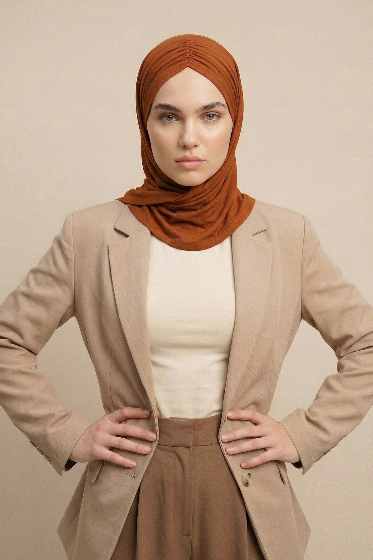 Pre-Styled Draped Jersey Hijab - Non-Slip, Breathable & Comfortable Ready-to-Wear Shawl,CPS-95 Tile Red