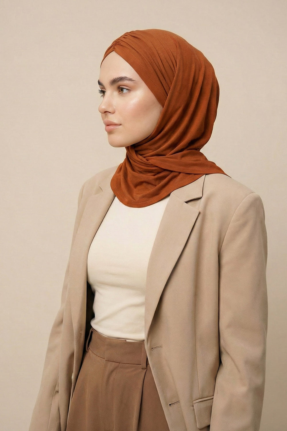 Pre-Styled Draped Jersey Hijab - Non-Slip, Breathable & Comfortable Ready-to-Wear Shawl,CPS-95 Tile Red