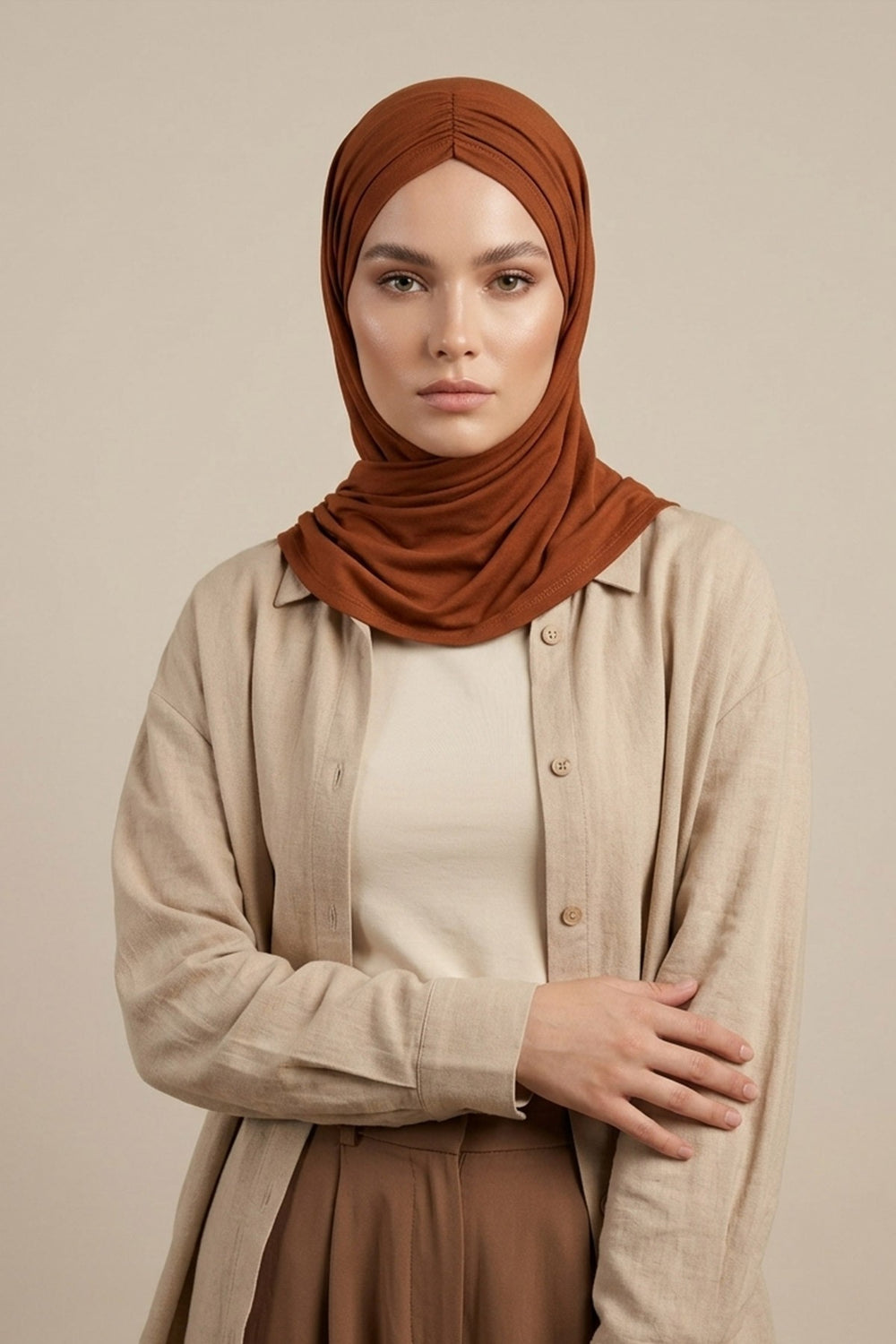 Pre-Styled Draped Jersey Hijab - Non-Slip, Breathable & Comfortable Ready-to-Wear Shawl,CPS-95 Tile Red