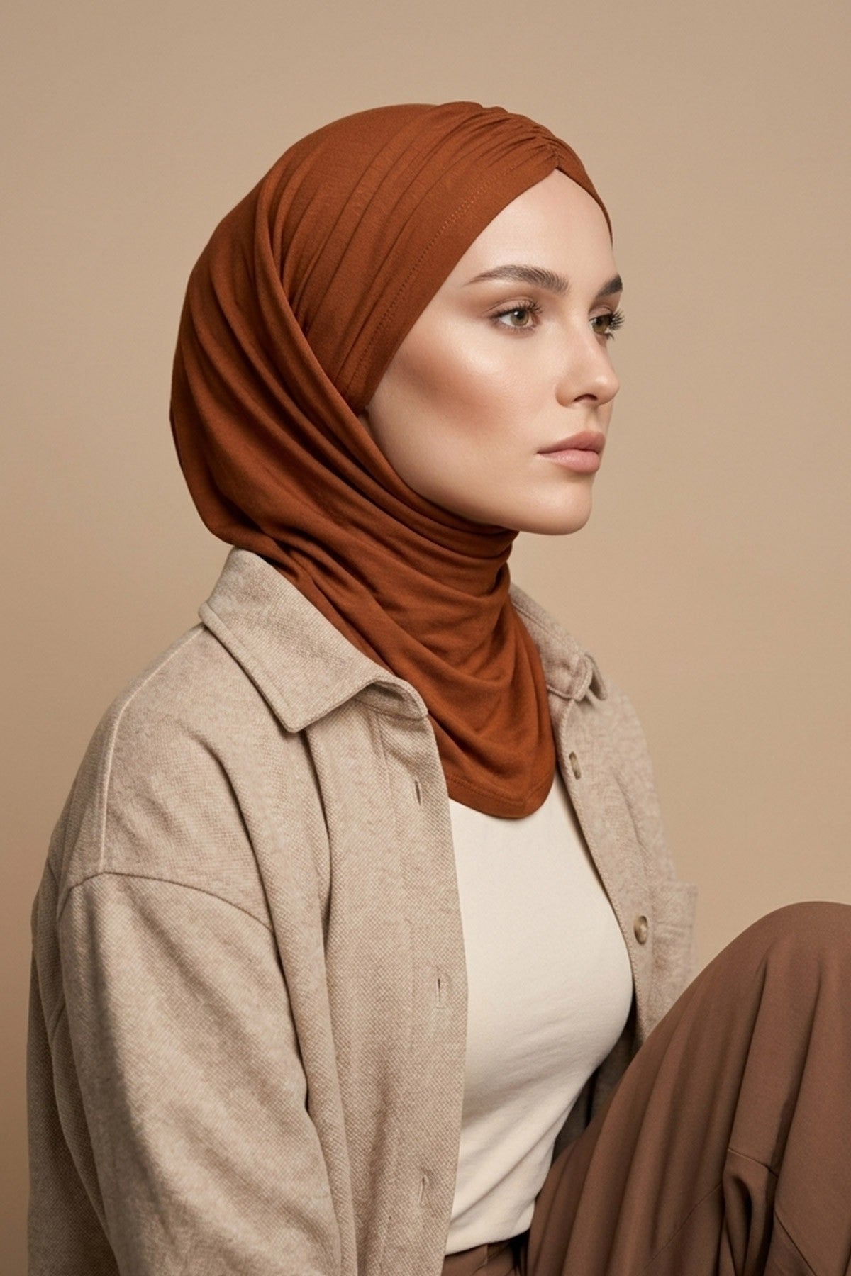 Pre-Styled Draped Jersey Hijab - Non-Slip, Breathable & Comfortable Ready-to-Wear Shawl,CPS-95 Tile Red