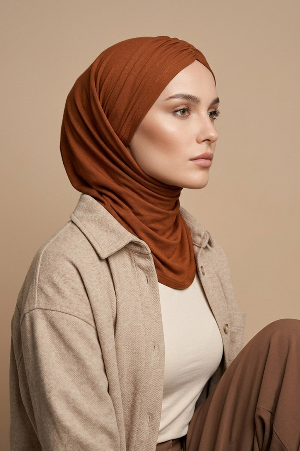 Pre-Styled Draped Jersey Hijab - Non-Slip, Breathable & Comfortable Ready-to-Wear Shawl,CPS-95 Tile Red