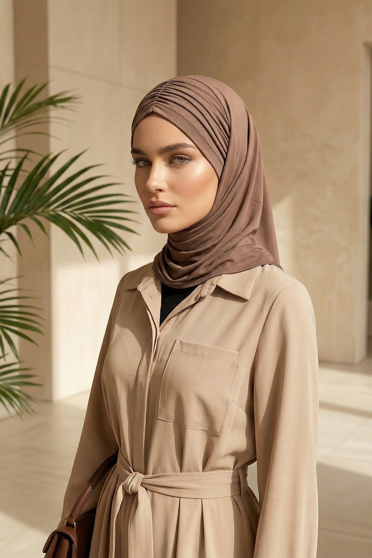 Pre-Styled Draped Jersey Hijab - Non-Slip, Breathable & Comfortable Ready-to-Wear Shawl,CPS-95 Chocolate