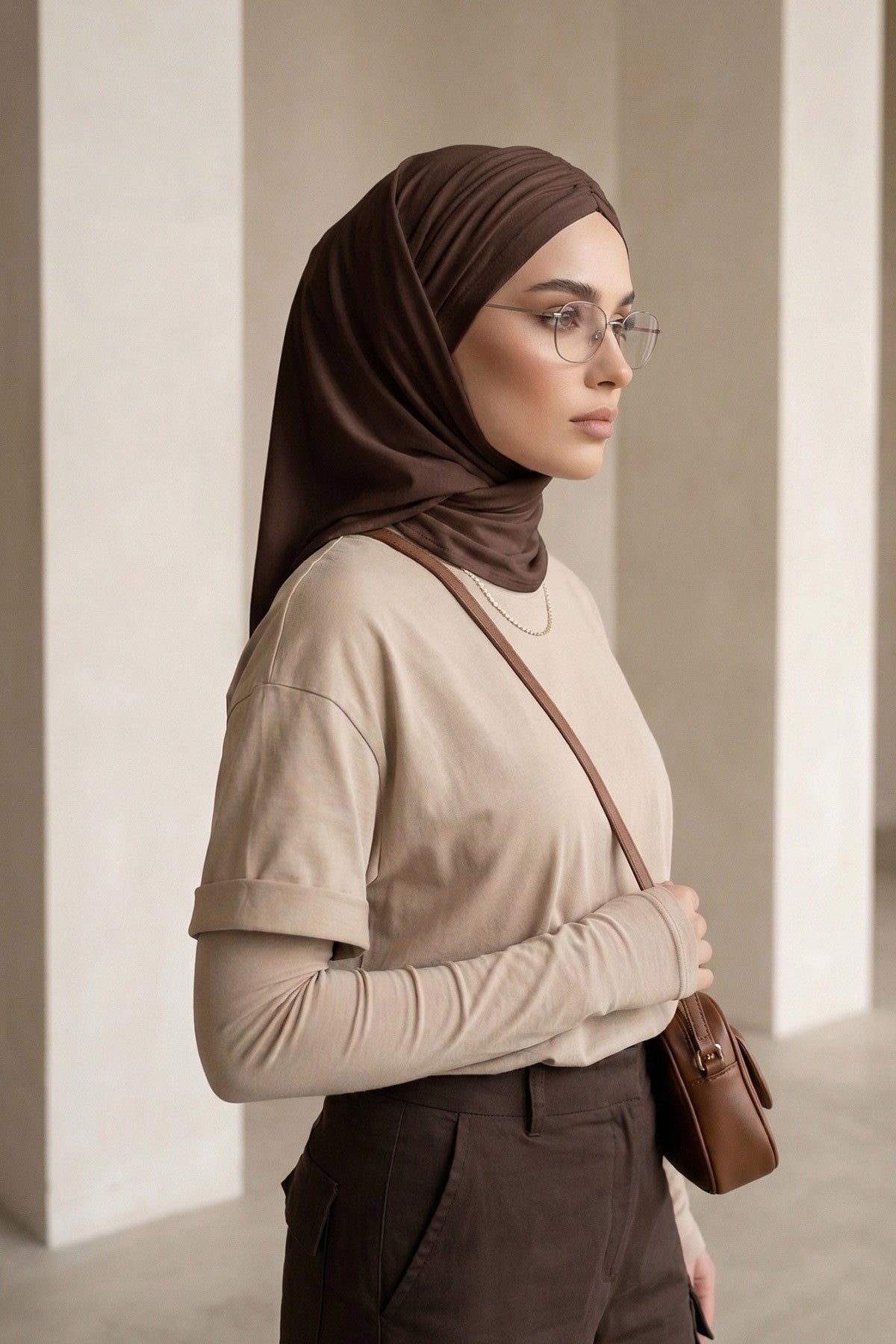 Pre-Styled Draped Jersey Hijab - Non-Slip, Breathable & Comfortable Ready-to-Wear Shawl,CPS-95 Brown