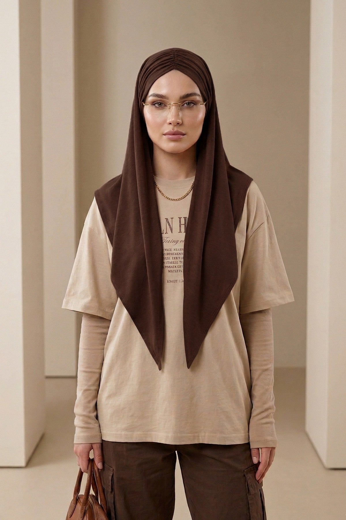 Pre-Styled Draped Jersey Hijab - Non-Slip, Breathable & Comfortable Ready-to-Wear Shawl,CPS-95 Brown