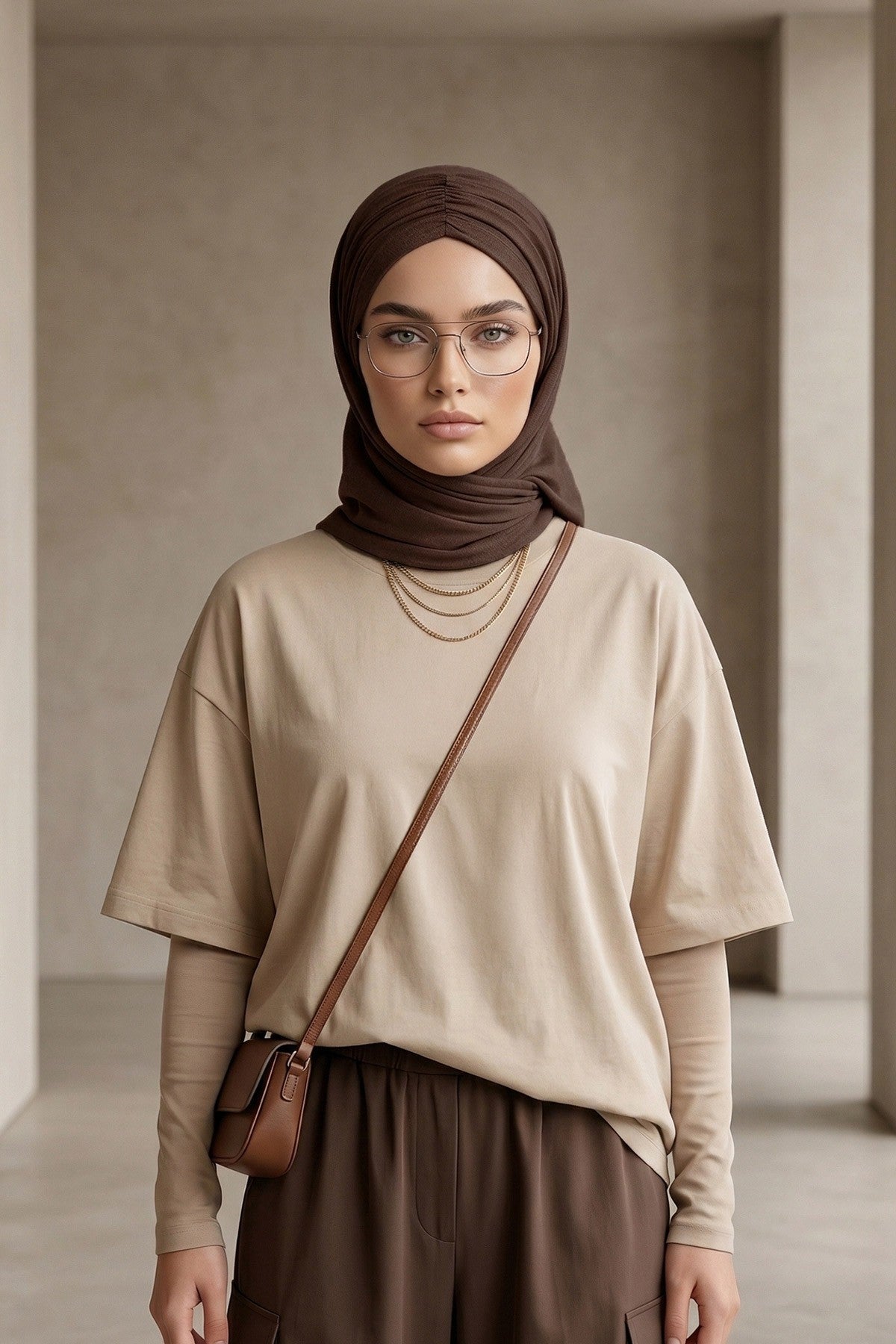 Pre-Styled Draped Jersey Hijab - Non-Slip, Breathable & Comfortable Ready-to-Wear Shawl,CPS-95 Brown