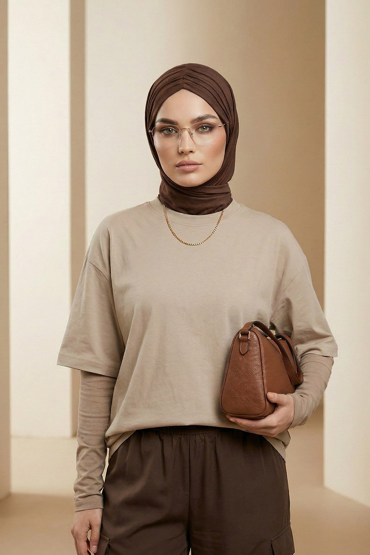 Pre-Styled Draped Jersey Hijab - Non-Slip, Breathable & Comfortable Ready-to-Wear Shawl,CPS-95 Brown
