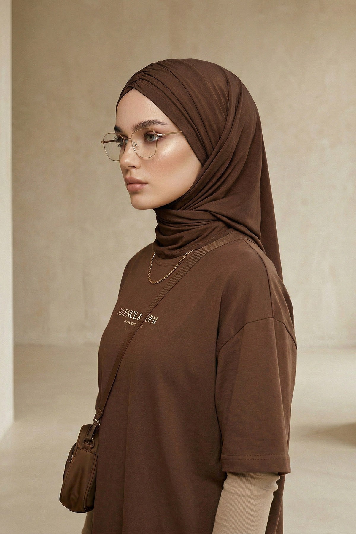 Pre-Styled Draped Jersey Hijab - Non-Slip, Breathable & Comfortable Ready-to-Wear Shawl,CPS-95 Brown