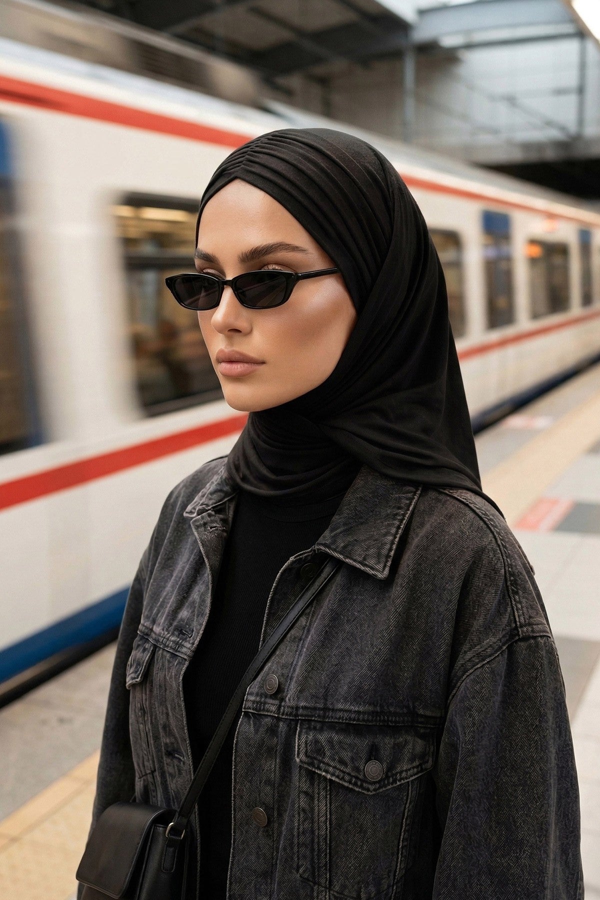Pre-Styled Draped Jersey Hijab - Non-Slip, Breathable & Comfortable Ready-to-Wear Shawl,CPS-95 Black