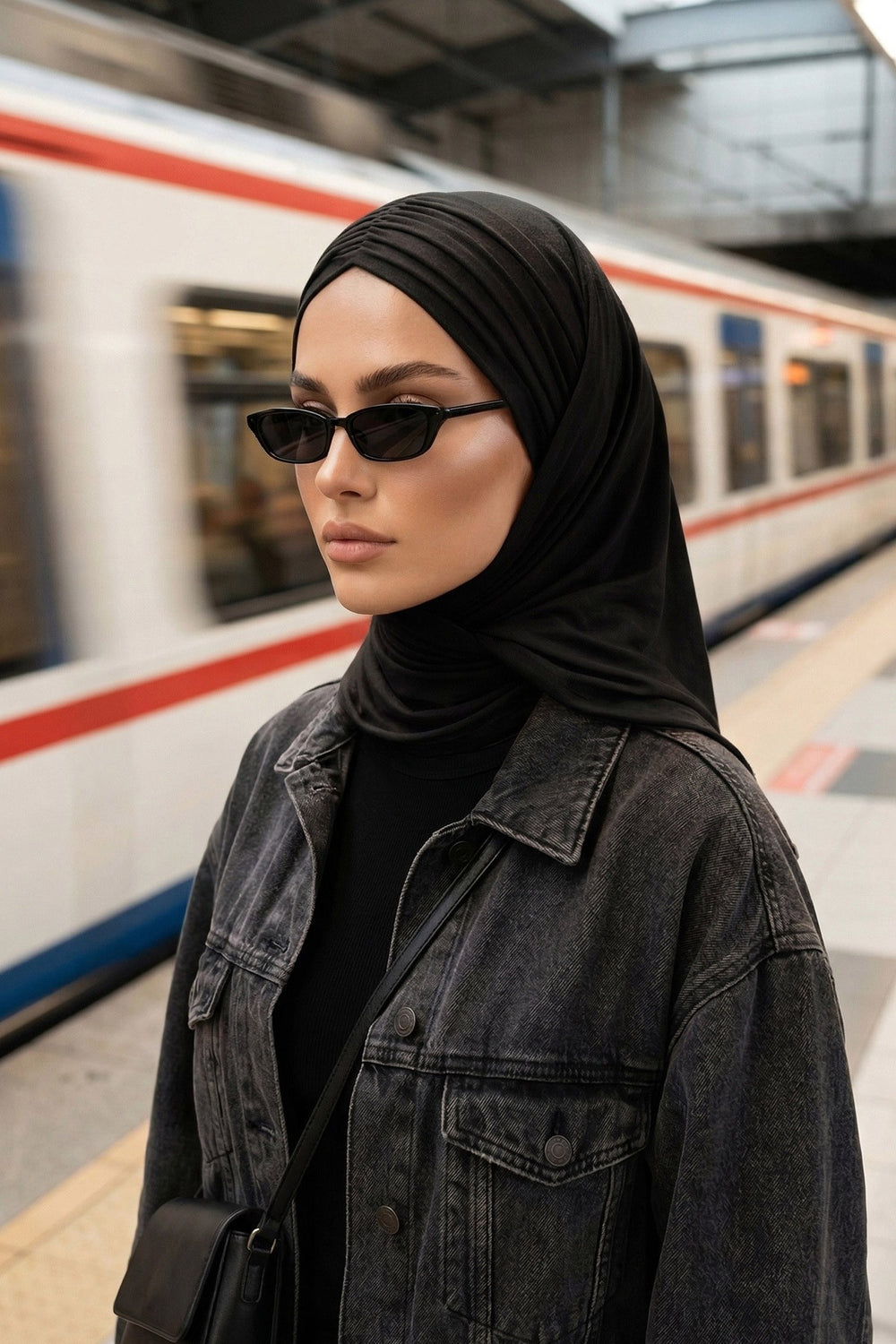 Pre-Styled Draped Jersey Hijab - Non-Slip, Breathable & Comfortable Ready-to-Wear Shawl,CPS-95 Black