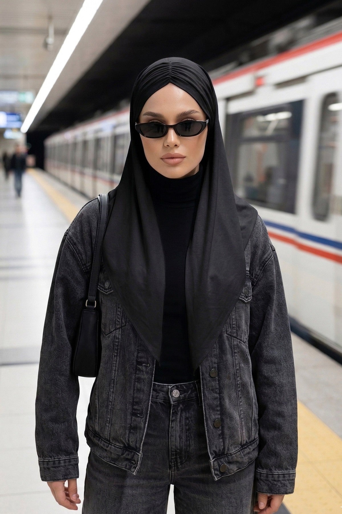 Pre-Styled Draped Jersey Hijab - Non-Slip, Breathable & Comfortable Ready-to-Wear Shawl,CPS-95 Black