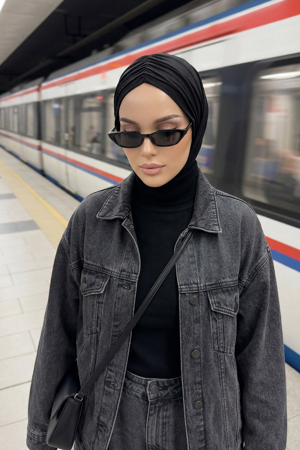 Pre-Styled Draped Jersey Hijab - Non-Slip, Breathable & Comfortable Ready-to-Wear Shawl,CPS-95 Black