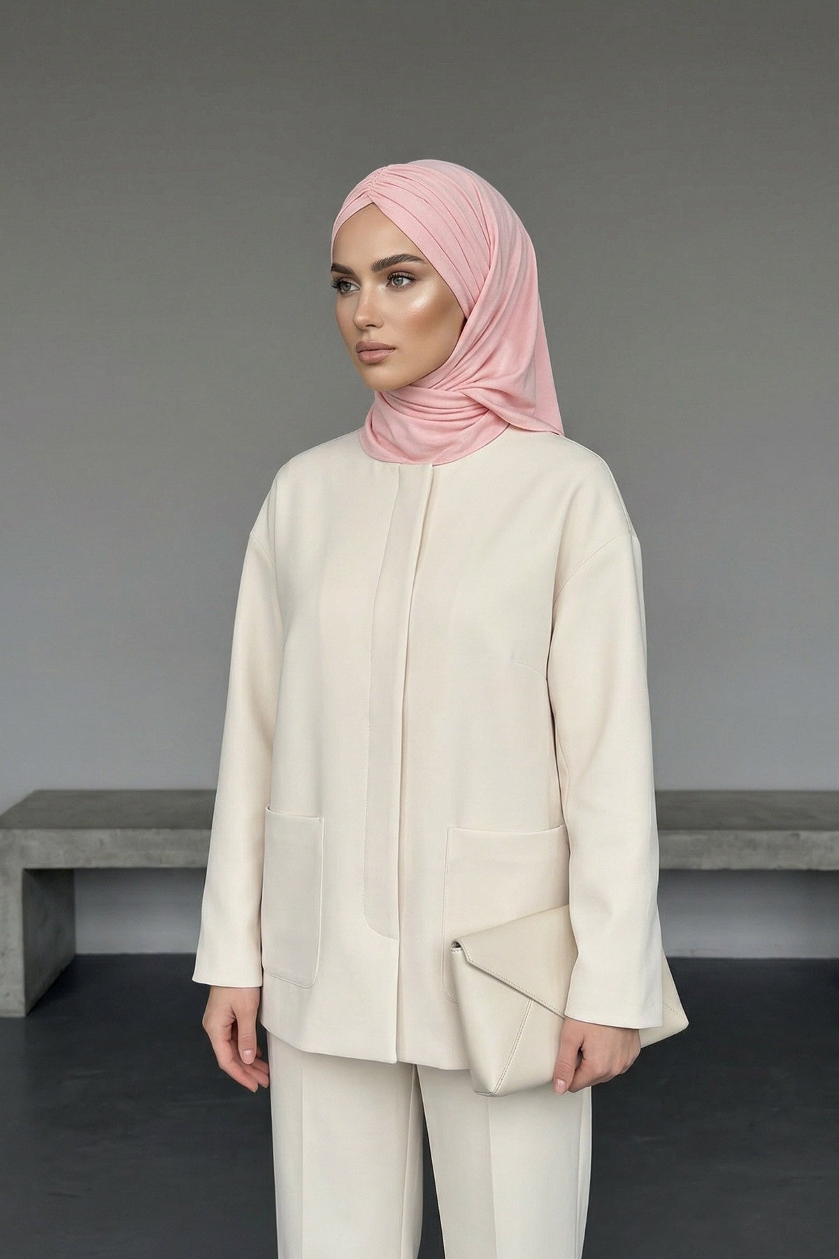 Pre-Styled Draped Jersey Hijab - Non-Slip, Breathable & Comfortable Ready-to-Wear Shawl,CPS-95 Powder