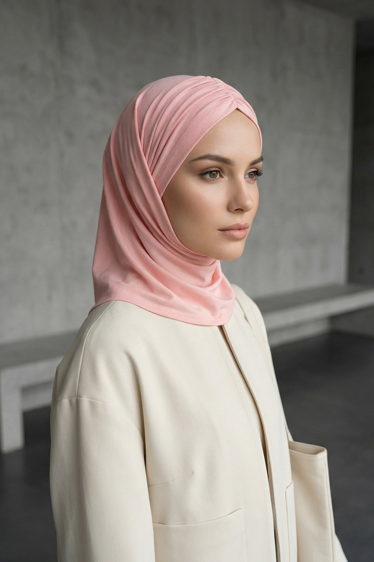 Pre-Styled Draped Jersey Hijab - Non-Slip, Breathable & Comfortable Ready-to-Wear Shawl,CPS-95 Powder