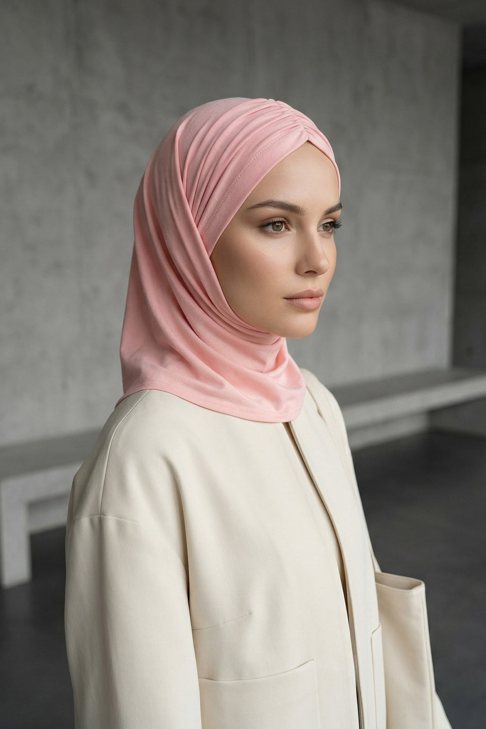 Pre-Styled Draped Jersey Hijab - Non-Slip, Breathable & Comfortable Ready-to-Wear Shawl,CPS-95 Powder