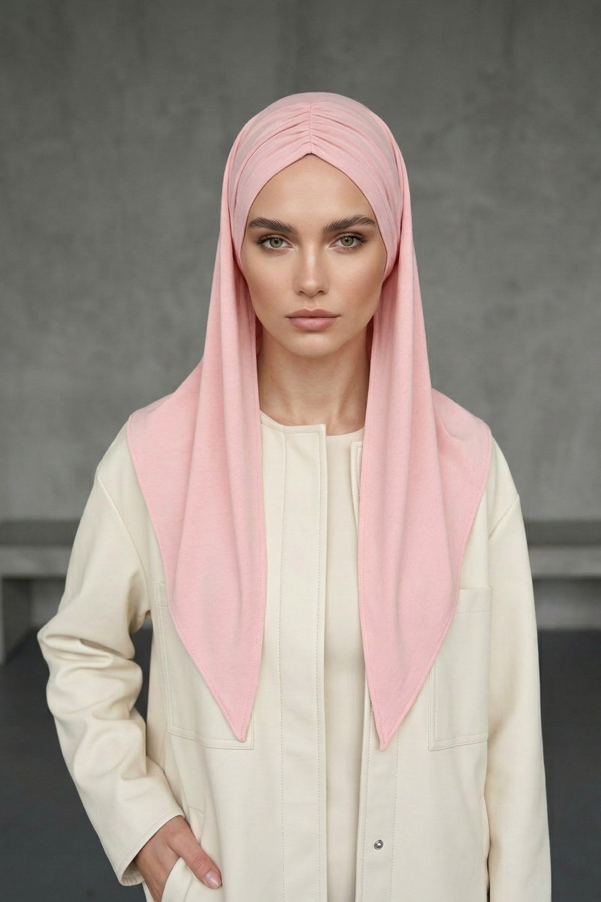 Pre-Styled Draped Jersey Hijab - Non-Slip, Breathable & Comfortable Ready-to-Wear Shawl,CPS-95 Powder
