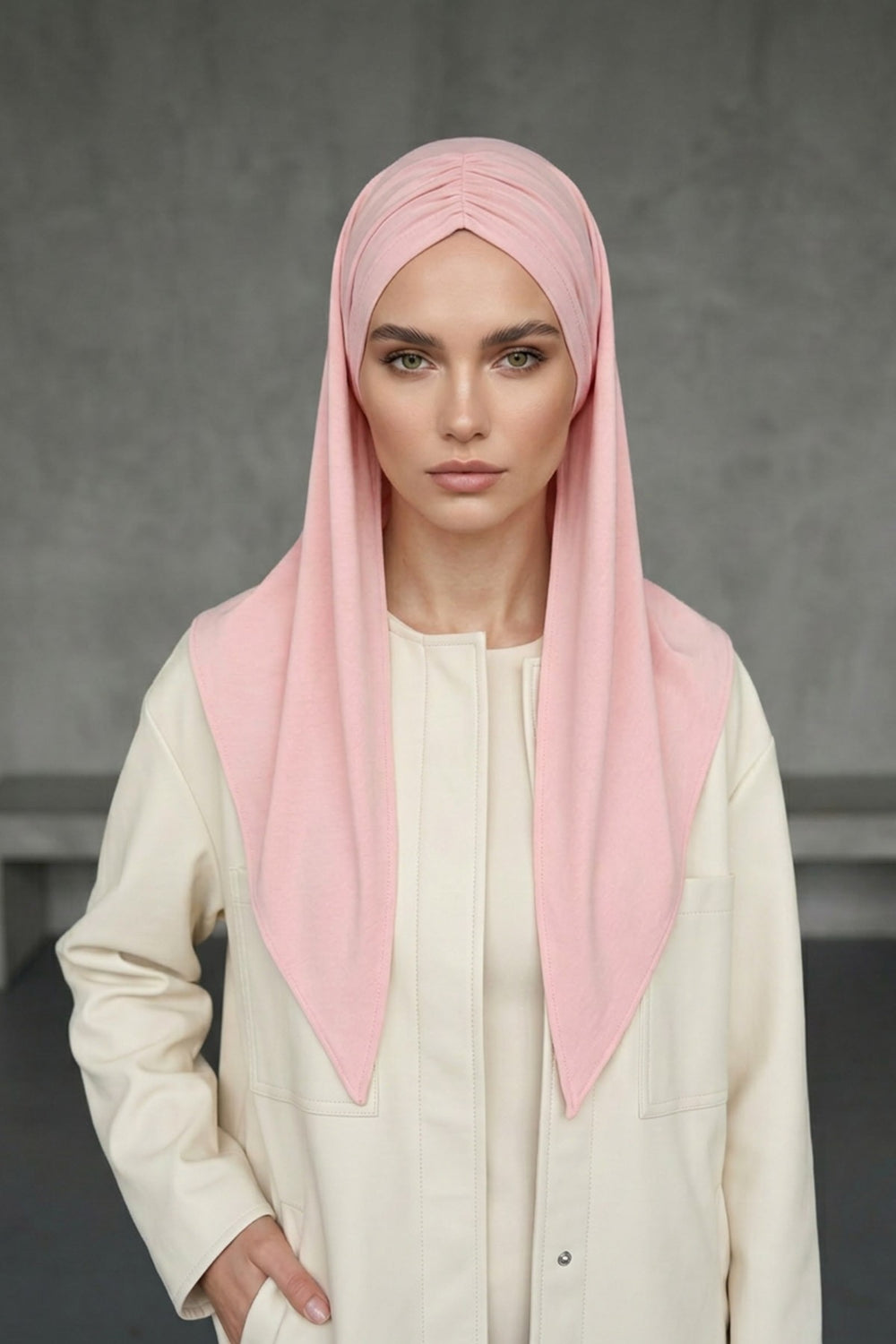 Pre-Styled Draped Jersey Hijab - Non-Slip, Breathable & Comfortable Ready-to-Wear Shawl,CPS-95 Powder