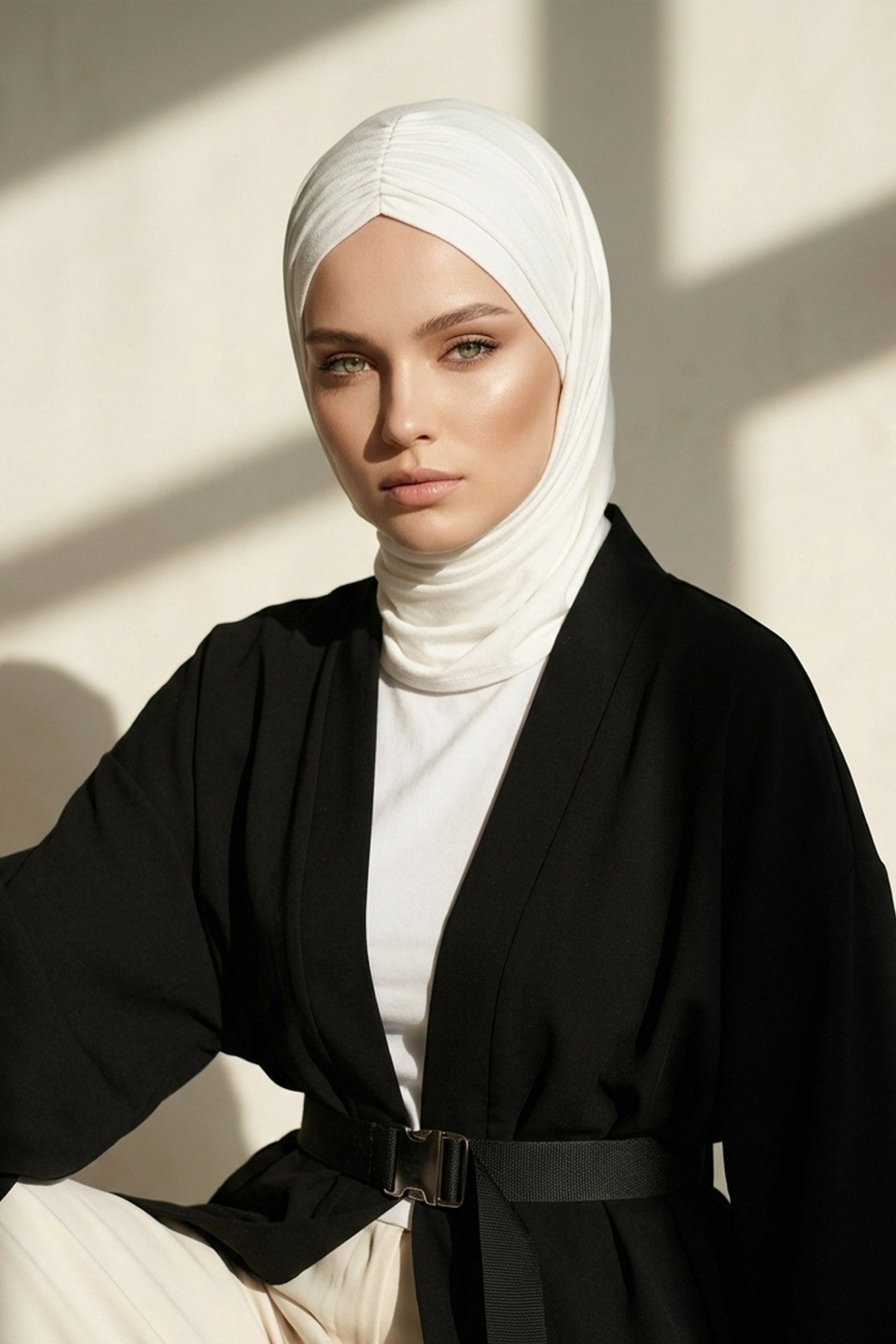Pre-Styled Draped Jersey Hijab - Non-Slip, Breathable & Comfortable Ready-to-Wear Shawl,CPS-95 Ivory