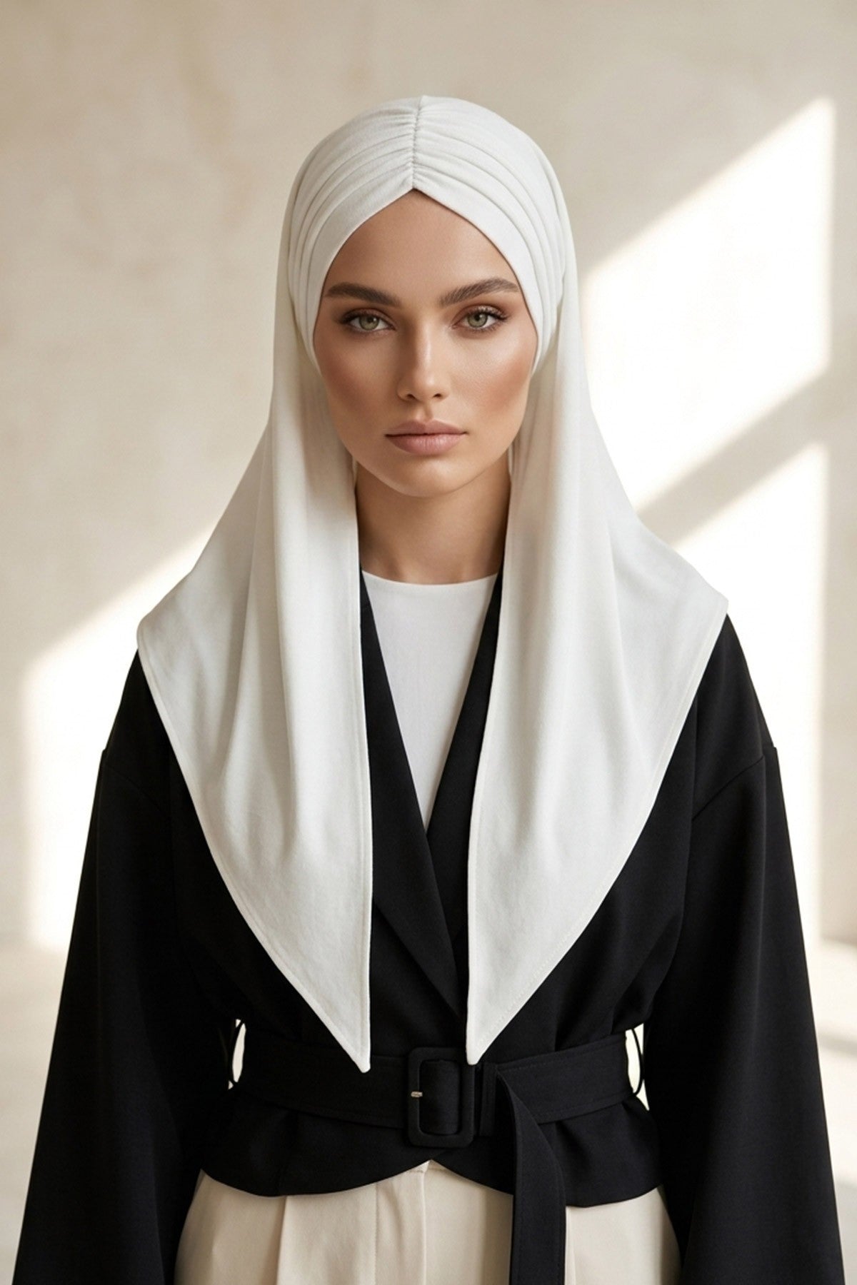 Pre-Styled Draped Jersey Hijab - Non-Slip, Breathable & Comfortable Ready-to-Wear Shawl,CPS-95 Ivory