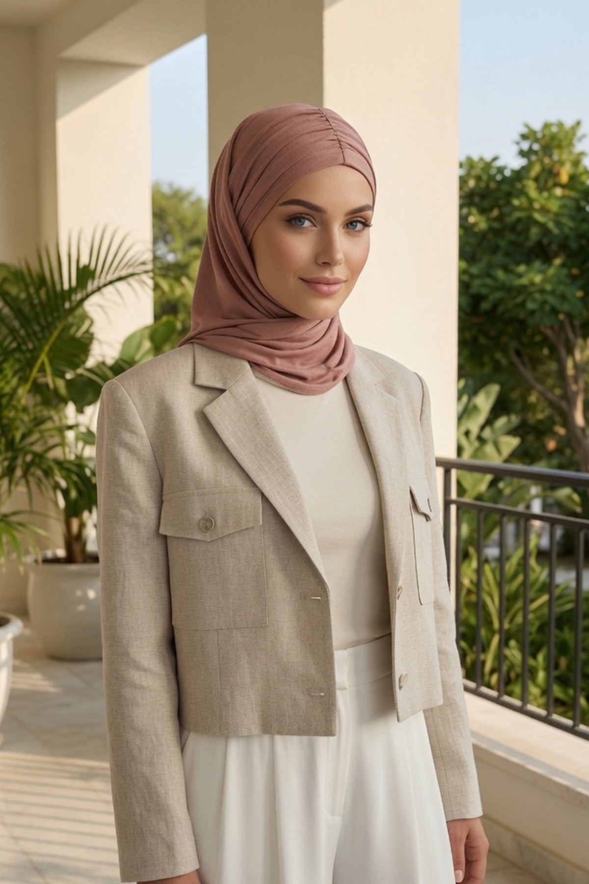 Pre-Styled Draped Jersey Hijab - Non-Slip, Breathable & Comfortable Ready-to-Wear Shawl,CPS-95 Cappucino
