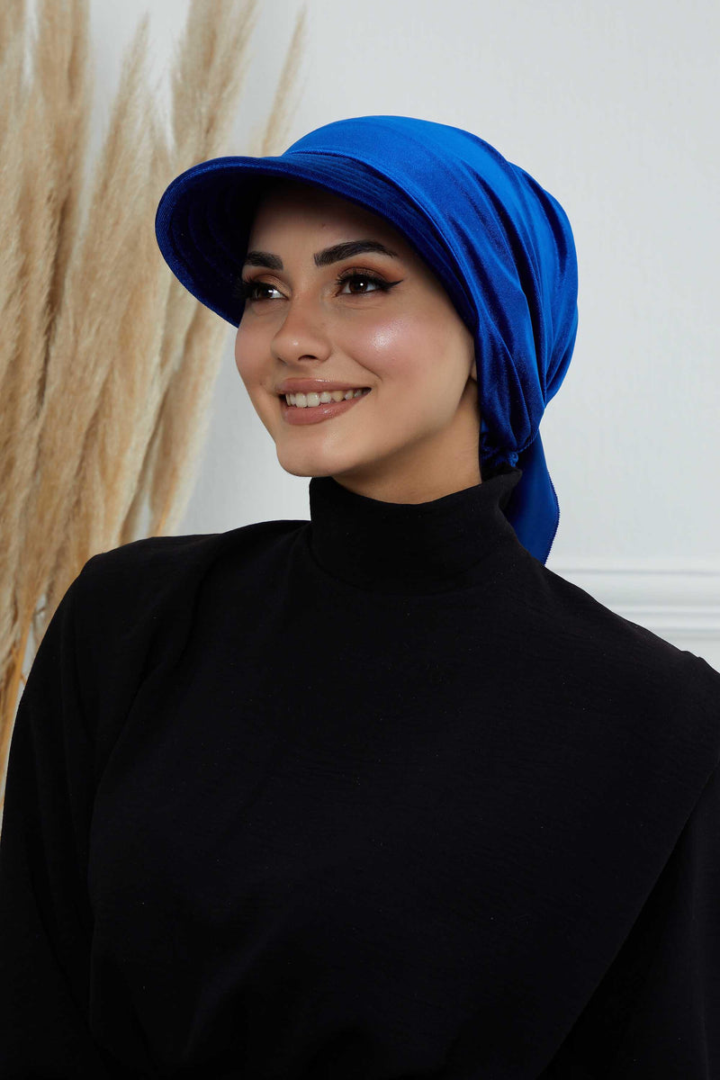 Vorgebundene Instant-Turbanmütze aus Samt für Damen, superweiche Schirmmütze aus Samt für Damen, Sonnenschutzvisier, Chemo-Kopfbedeckung, B-71K