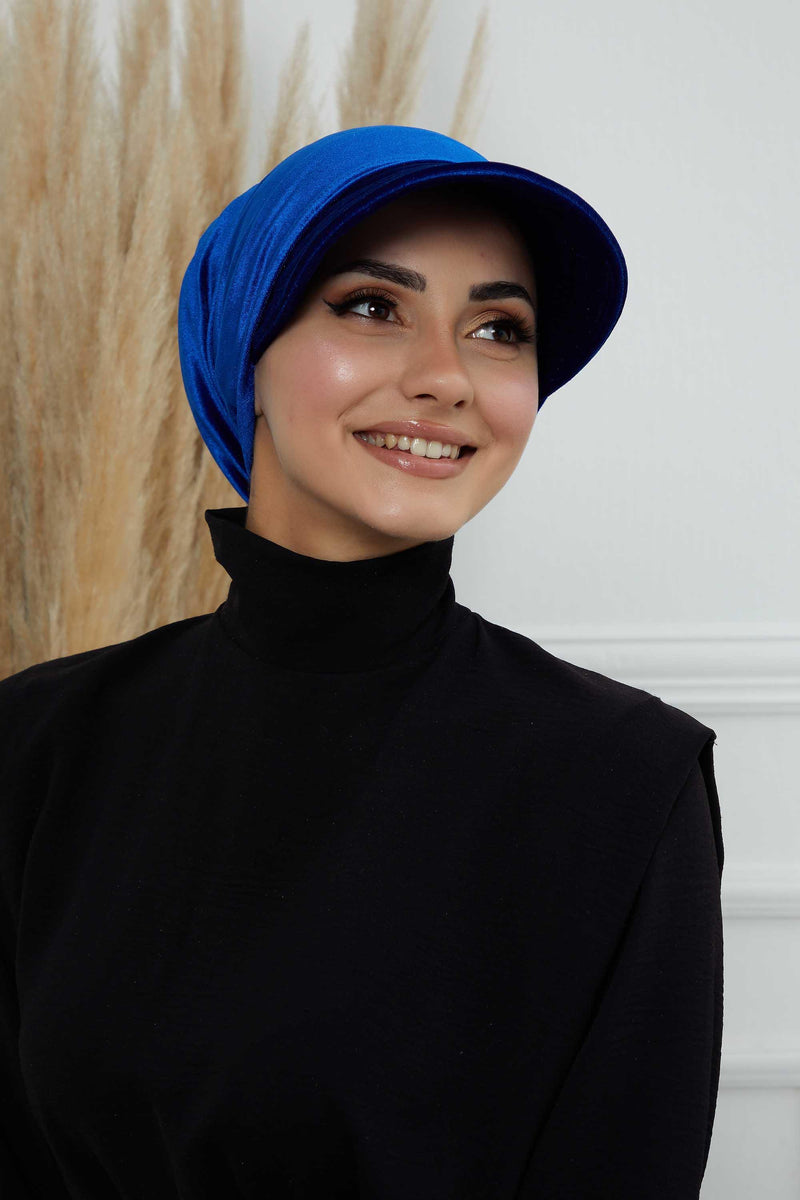 Vorgebundene Instant-Turbanmütze aus Samt für Damen, superweiche Schirmmütze aus Samt für Damen, Sonnenschutzvisier, Chemo-Kopfbedeckung, B-71K
