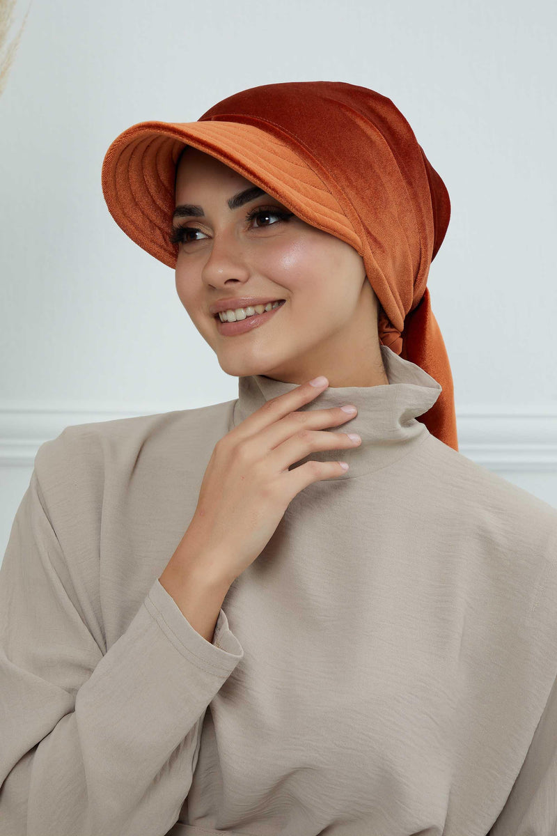 Vorgebundene Instant-Turbanmütze aus Samt für Damen, superweiche Schirmmütze aus Samt für Damen, Sonnenschutzvisier, Chemo-Kopfbedeckung, B-71K