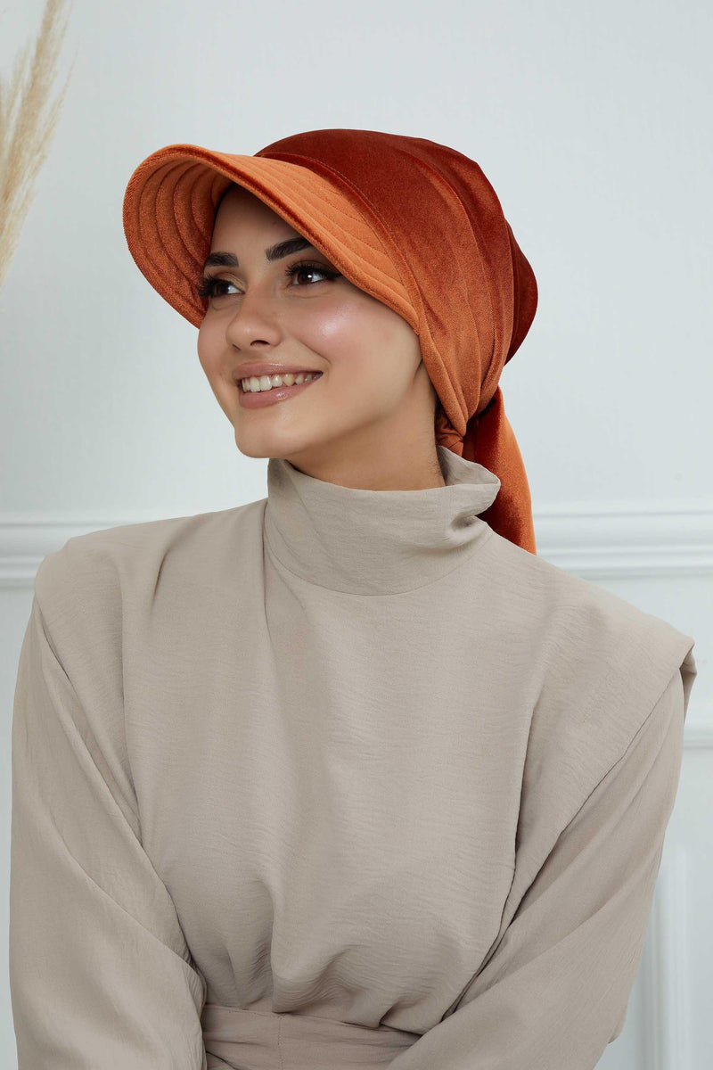 Vorgebundene Instant-Turbanmütze aus Samt für Damen, superweiche Schirmmütze aus Samt für Damen, Sonnenschutzvisier, Chemo-Kopfbedeckung, B-71K