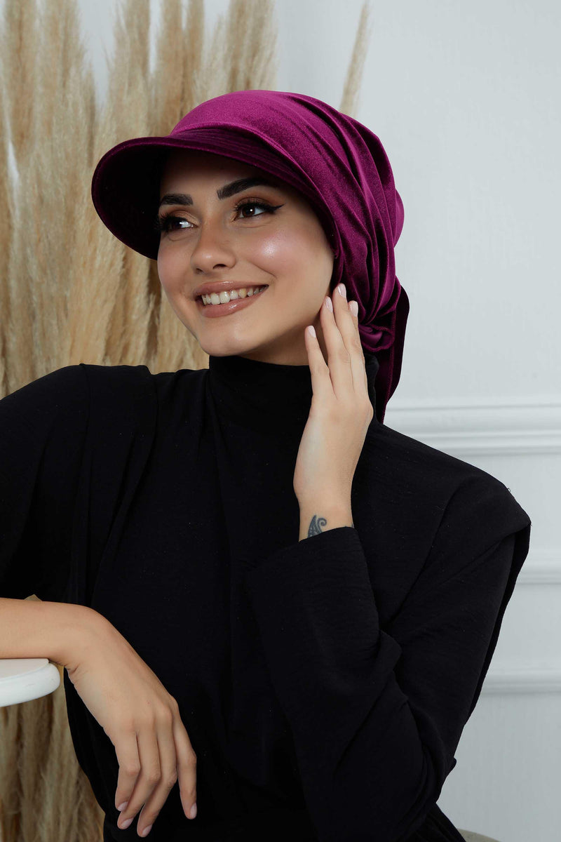 Vorgebundene Instant-Turbanmütze aus Samt für Damen, superweiche Schirmmütze aus Samt für Damen, Sonnenschutzvisier, Chemo-Kopfbedeckung, B-71K