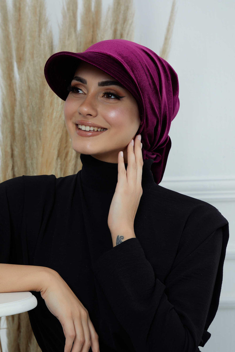 Vorgebundene Instant-Turbanmütze aus Samt für Damen, superweiche Schirmmütze aus Samt für Damen, Sonnenschutzvisier, Chemo-Kopfbedeckung, B-71K