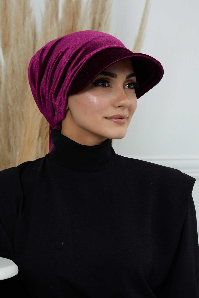 Vorgebundene Instant-Turbanmütze aus Samt für Damen, superweiche Schirmmütze aus Samt für Damen, Sonnenschutzvisier, Chemo-Kopfbedeckung, B-71K