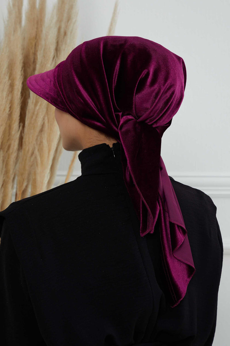 Vorgebundene Instant-Turbanmütze aus Samt für Damen, superweiche Schirmmütze aus Samt für Damen, Sonnenschutzvisier, Chemo-Kopfbedeckung, B-71K