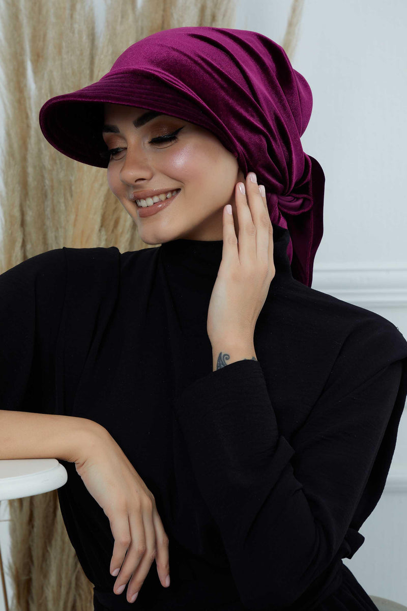 Vorgebundene Instant-Turbanmütze aus Samt für Damen, superweiche Schirmmütze aus Samt für Damen, Sonnenschutzvisier, Chemo-Kopfbedeckung, B-71K