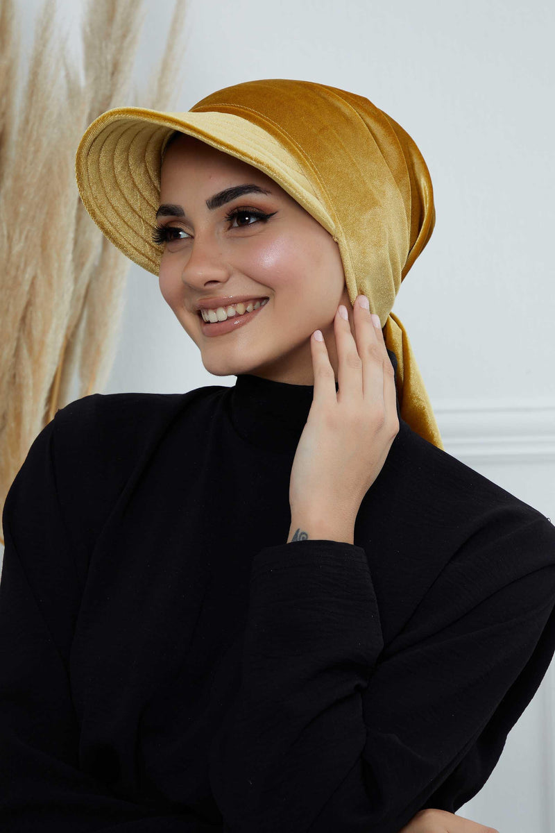 Vorgebundene Instant-Turbanmütze aus Samt für Damen, superweiche Schirmmütze aus Samt für Damen, Sonnenschutzvisier, Chemo-Kopfbedeckung, B-71K