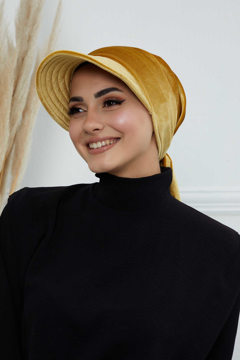 Vorgebundene Instant-Turbanmütze aus Samt für Damen, superweiche Schirmmütze aus Samt für Damen, Sonnenschutzvisier, Chemo-Kopfbedeckung, B-71K