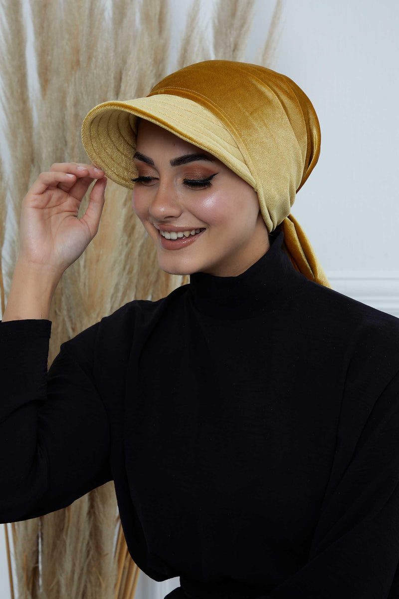 Vorgebundene Instant-Turbanmütze aus Samt für Damen, superweiche Schirmmütze aus Samt für Damen, Sonnenschutzvisier, Chemo-Kopfbedeckung, B-71K