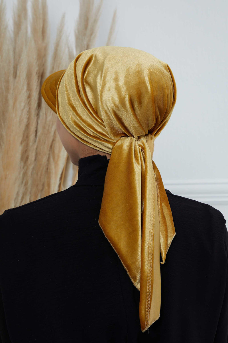 Vorgebundene Instant-Turbanmütze aus Samt für Damen, superweiche Schirmmütze aus Samt für Damen, Sonnenschutzvisier, Chemo-Kopfbedeckung, B-71K
